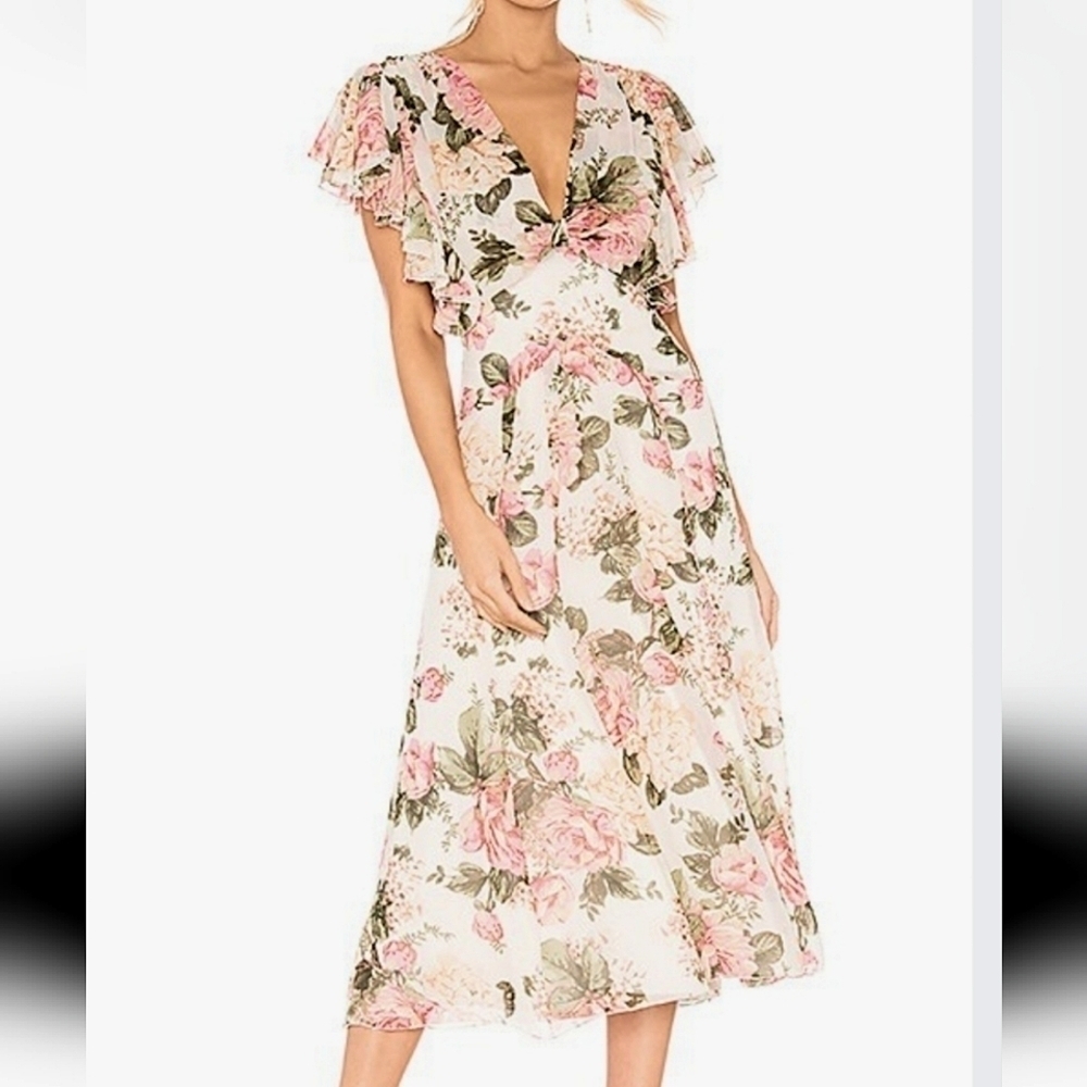 Divine Heritage Twist Back Midi Dress In Ivory Peach Pink Floral‎ Print Size S